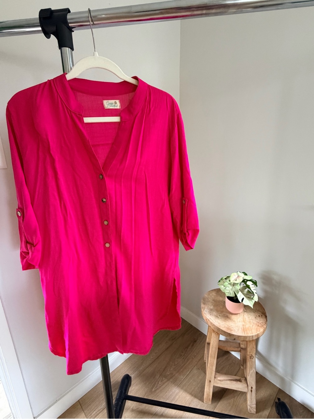 Women's Midi Dress in Bright Pink - Lightweight Button Front